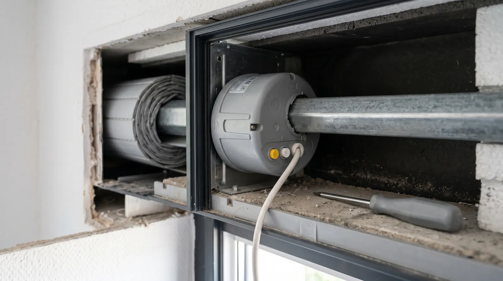 Tête de moteur tubulaire neuf avec ses boutons poussoirs de réglage, dans le coffre