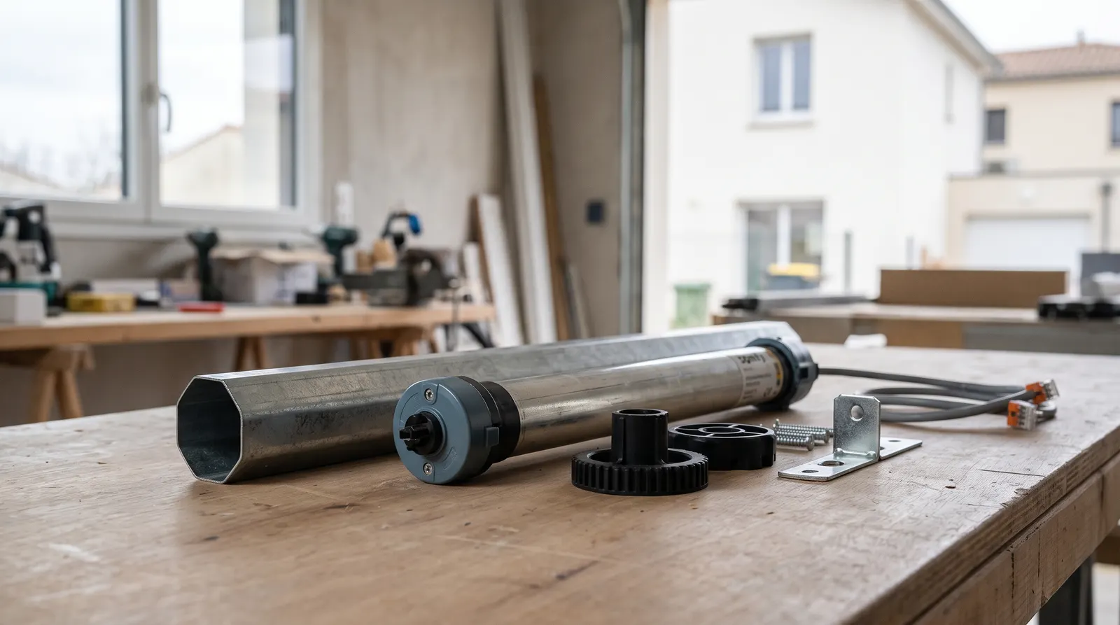 Moteur tubulaire neuf, tube d'enroulement octogonal, roue et couronne d'adaptation sur un plan de travail