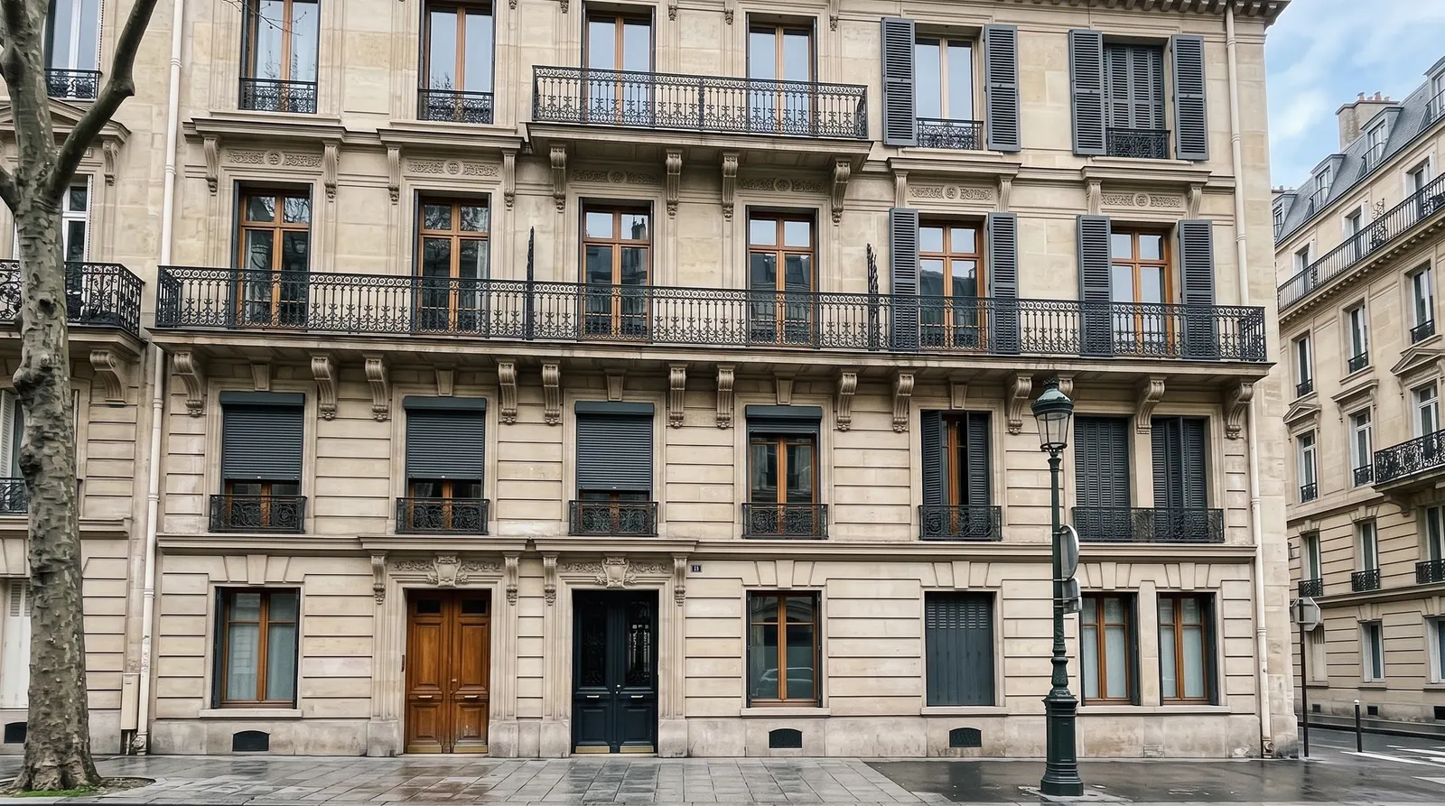 Façade d'immeuble haussmannien en pierre de taille, balcon filant et fenêtres équipées de volets roulants