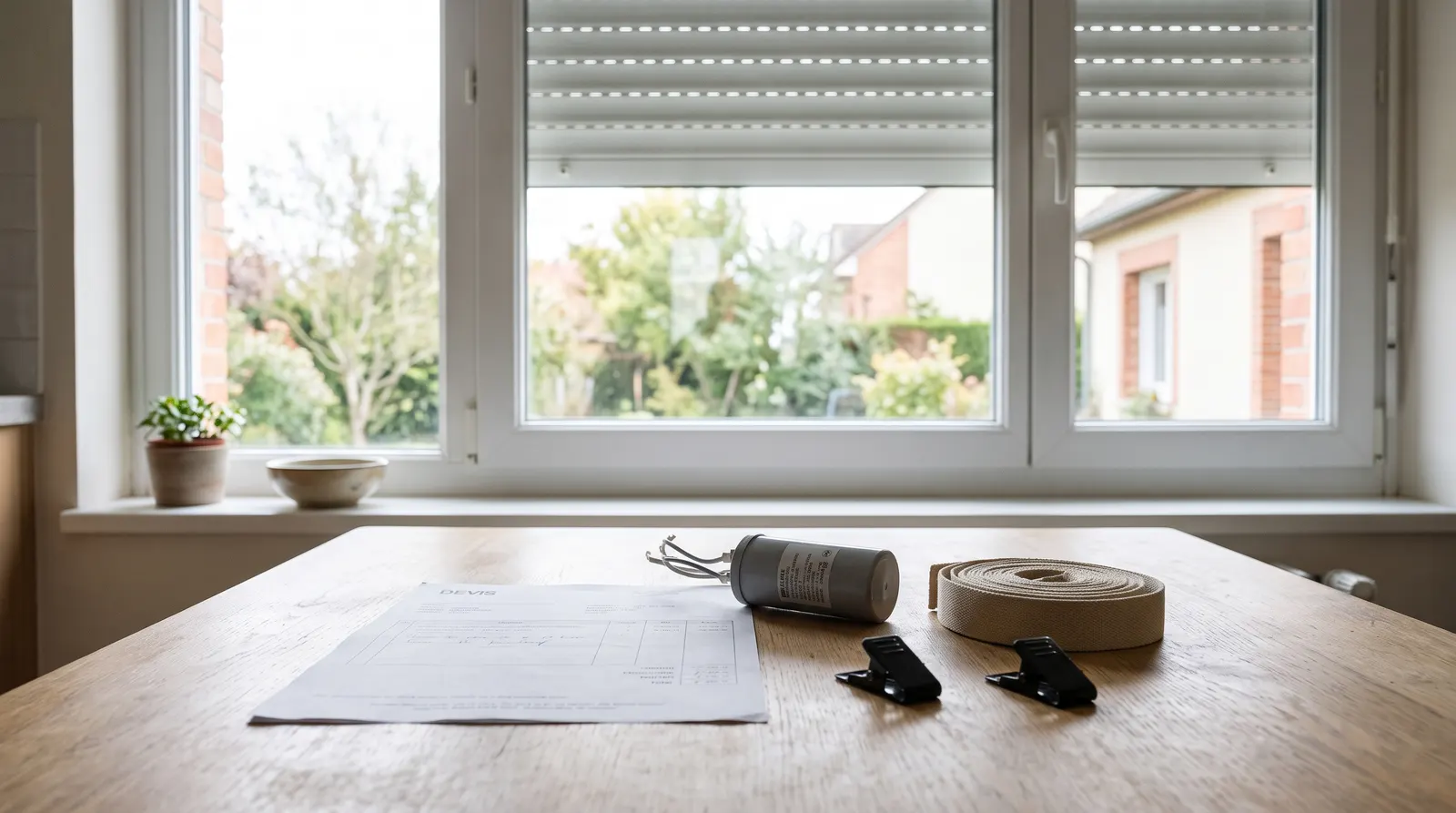 Devis posé sur une table avec un condensateur, une sangle et des attaches de volet roulant