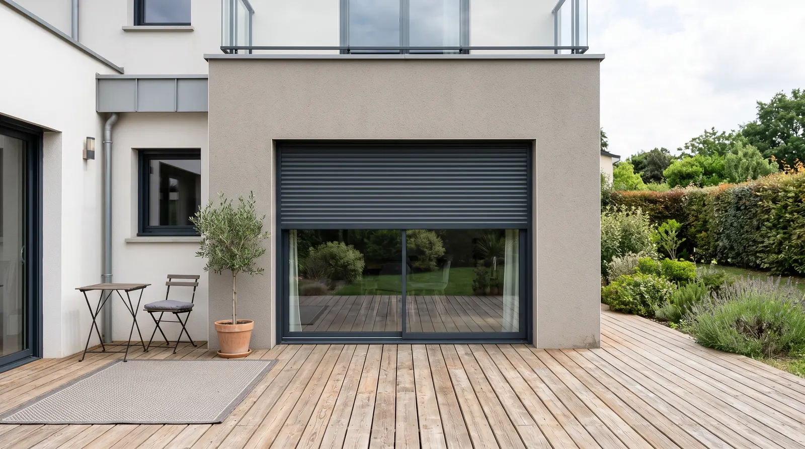 Baie vitrée de maison récente avec un volet roulant gris anthracite arrêté à mi-hauteur
