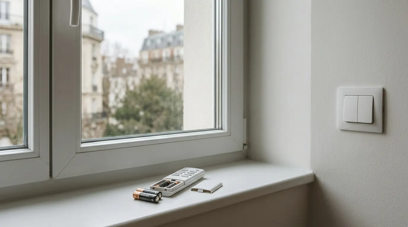 Télécommande de volet ouverte avec piles neuves sur l'appui, interrupteur au mur