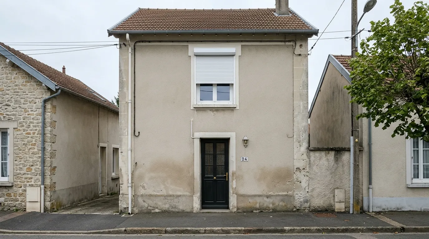 Façade de maison, fenêtre d'étage avec coffre de volet roulant extérieur