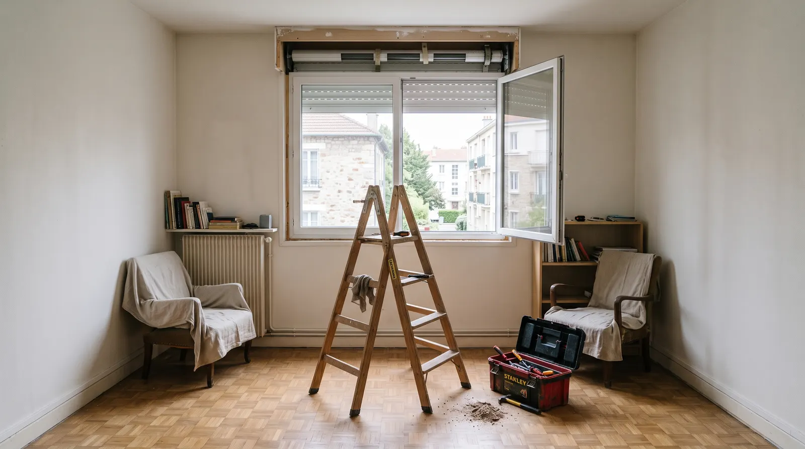 Escabeau sous une fenêtre dont le coffre de volet roulant est ouvert, caisse à outils au sol