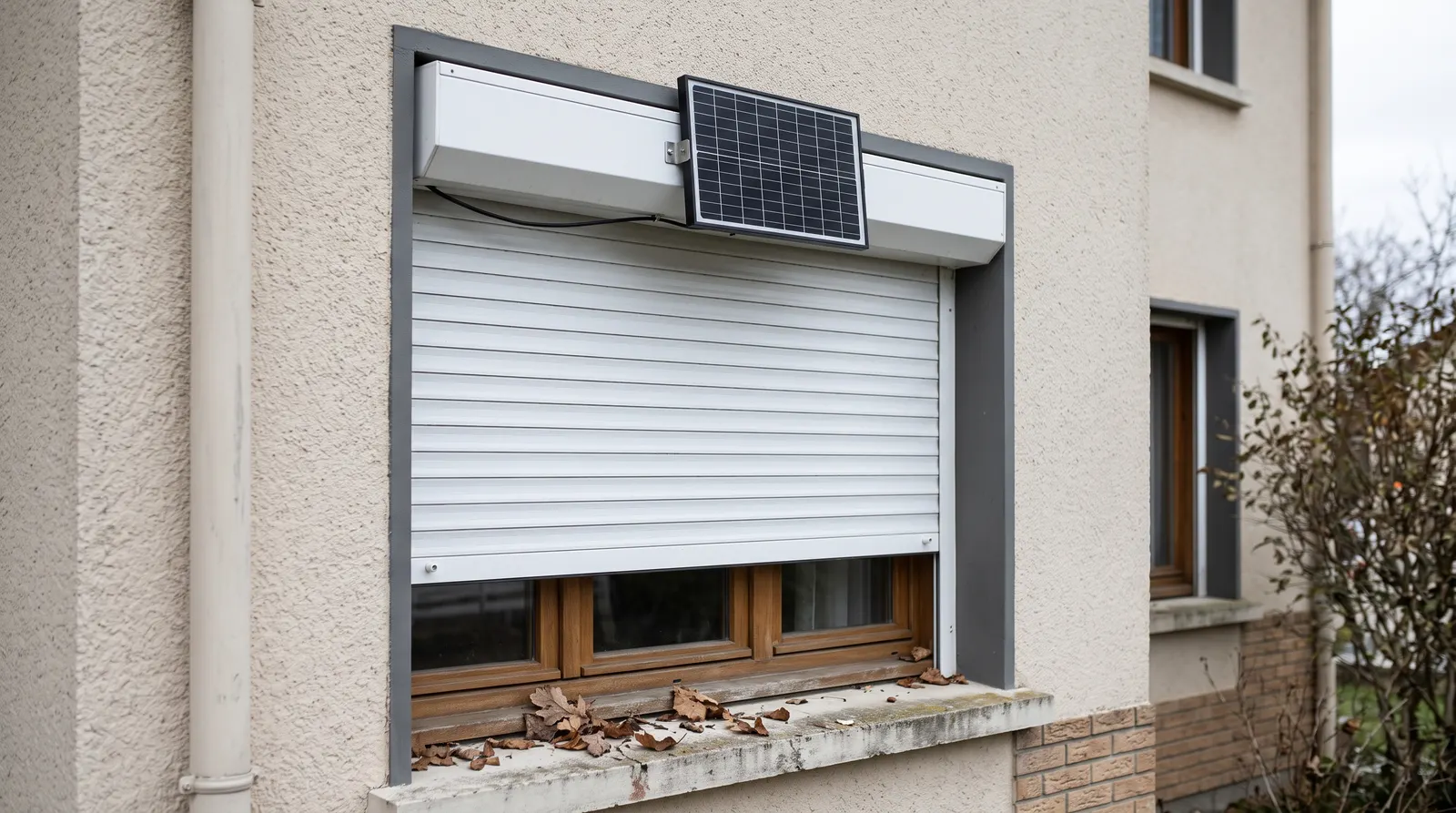 Panneau solaire noir fixé sur le coffre extérieur d'un volet roulant blanc à demi descendu