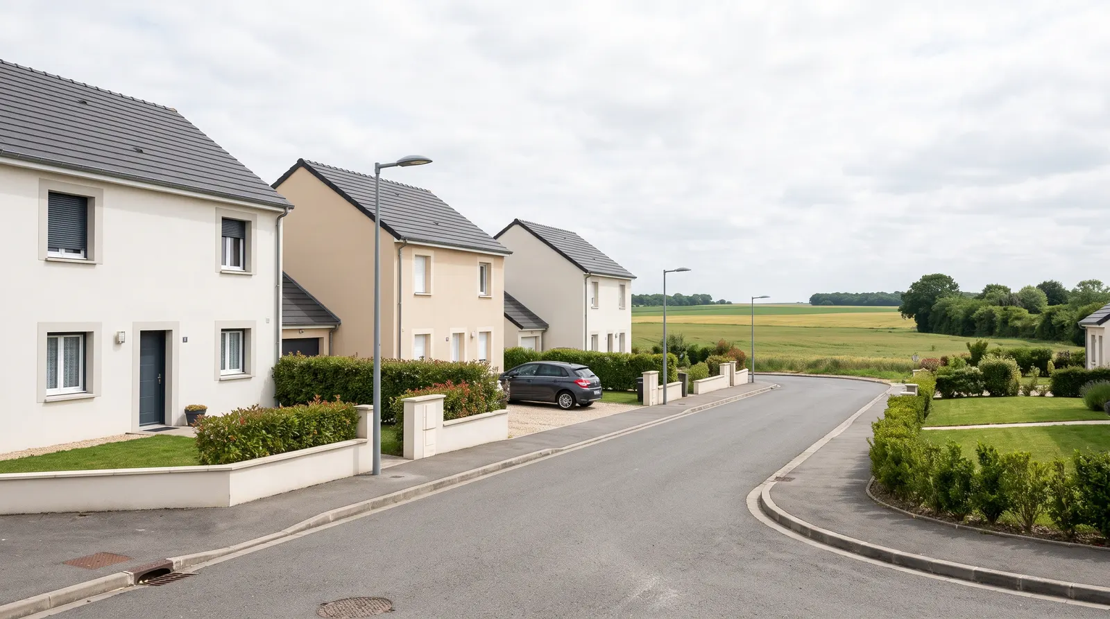 Maisons individuelles récentes de Seine-et-Marne aux volets roulants gris, en bordure de champs