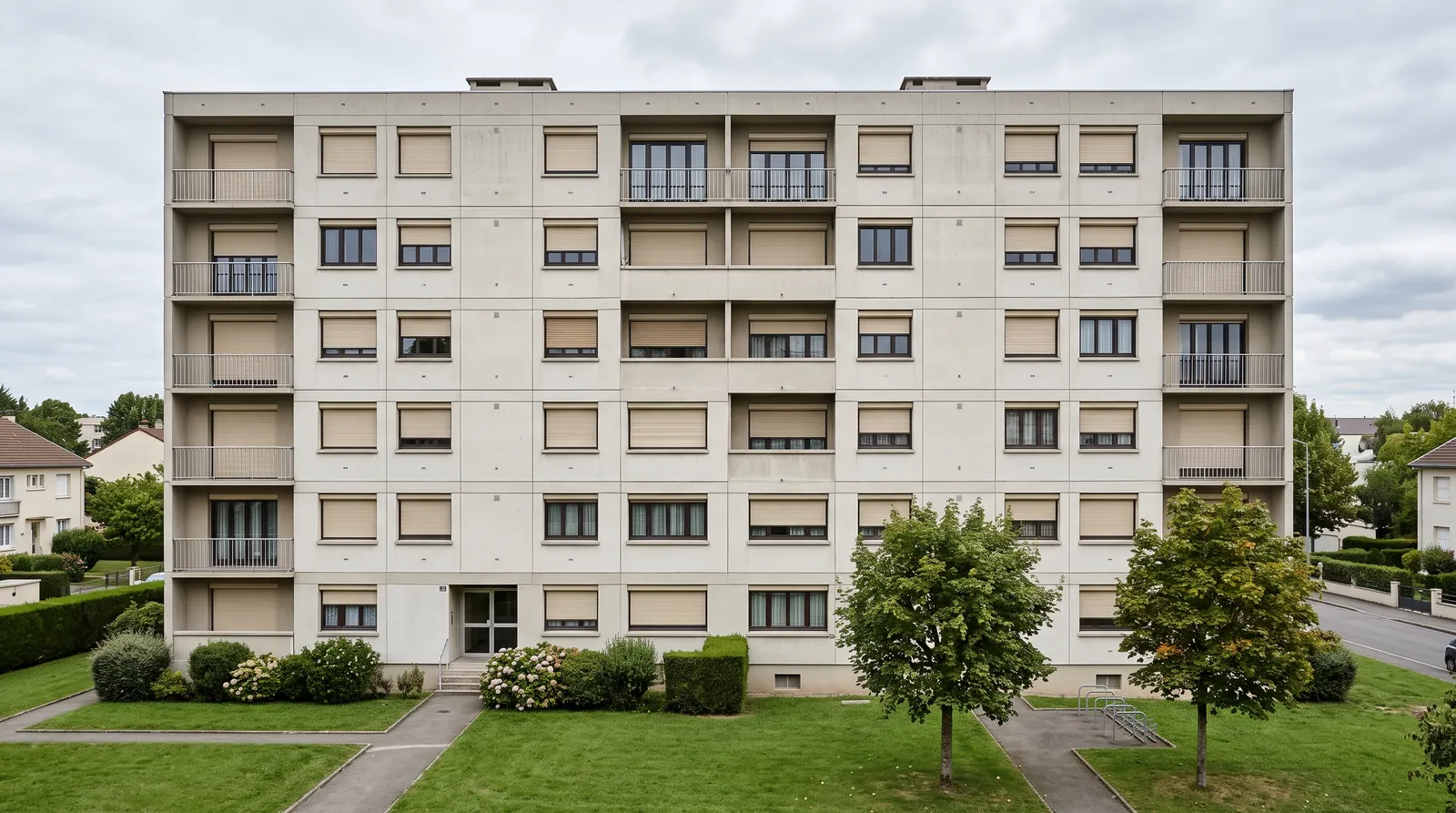 Façade de résidence des années 60 rénovée, rangées de fenêtres avec volets roulants beiges