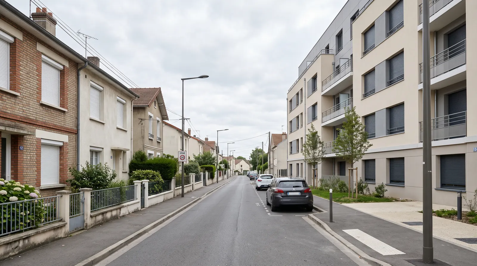 Rue de Seine-Saint-Denis où des pavillons font face à un immeuble récent aux volets roulants gris