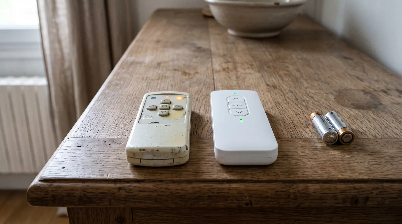 Deux télécommandes de volet roulant, une ancienne et une récente, posées sur un buffet