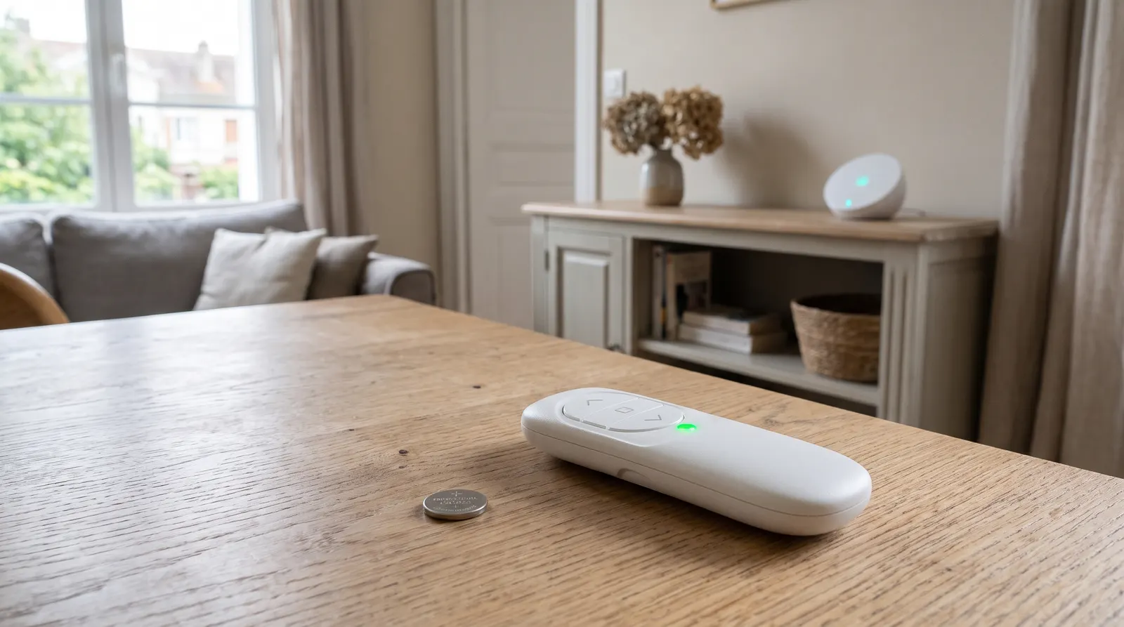 Télécommande de volet roulant avec son voyant allumé, pile bouton et box domotique