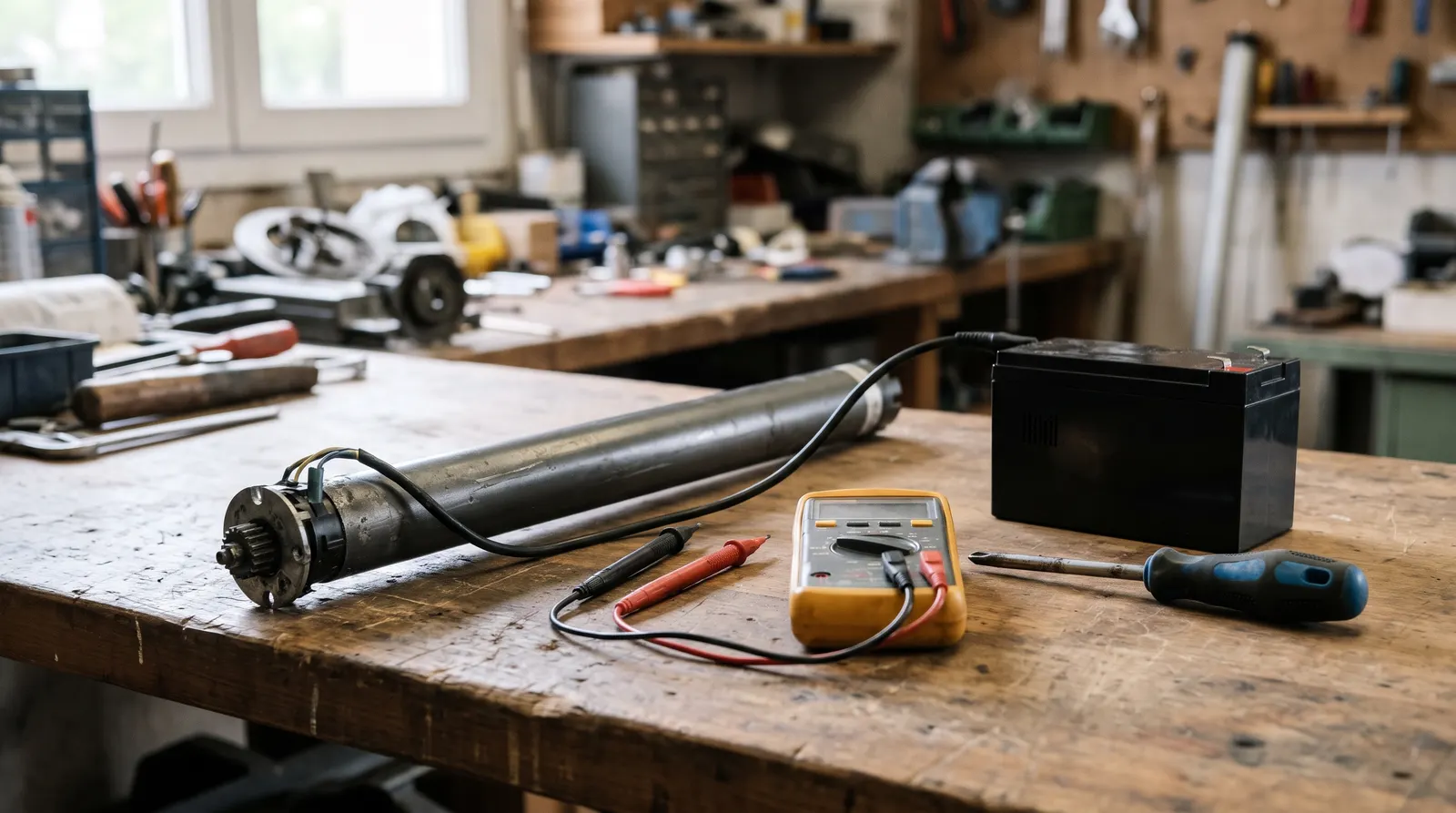Moteur tubulaire de volet roulant relié à une batterie sur un établi