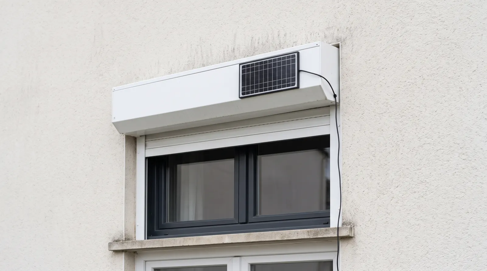 Petit panneau solaire fixé sur le coffre d'un volet roulant, câble le long de la façade