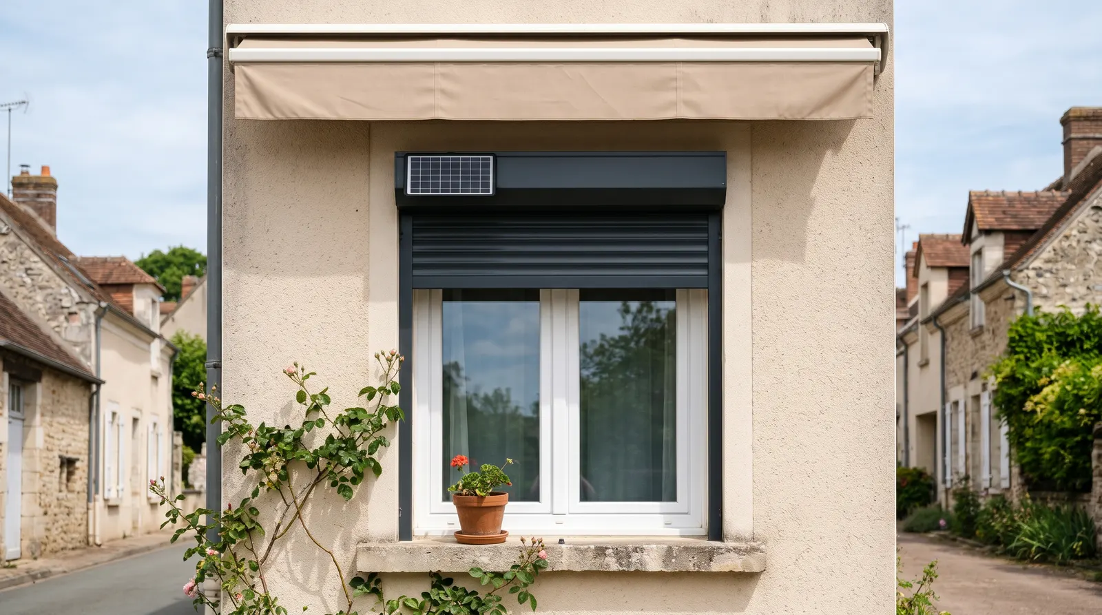 Store banne déployé au-dessus d'une fenêtre, panneau solaire du volet dans son ombre