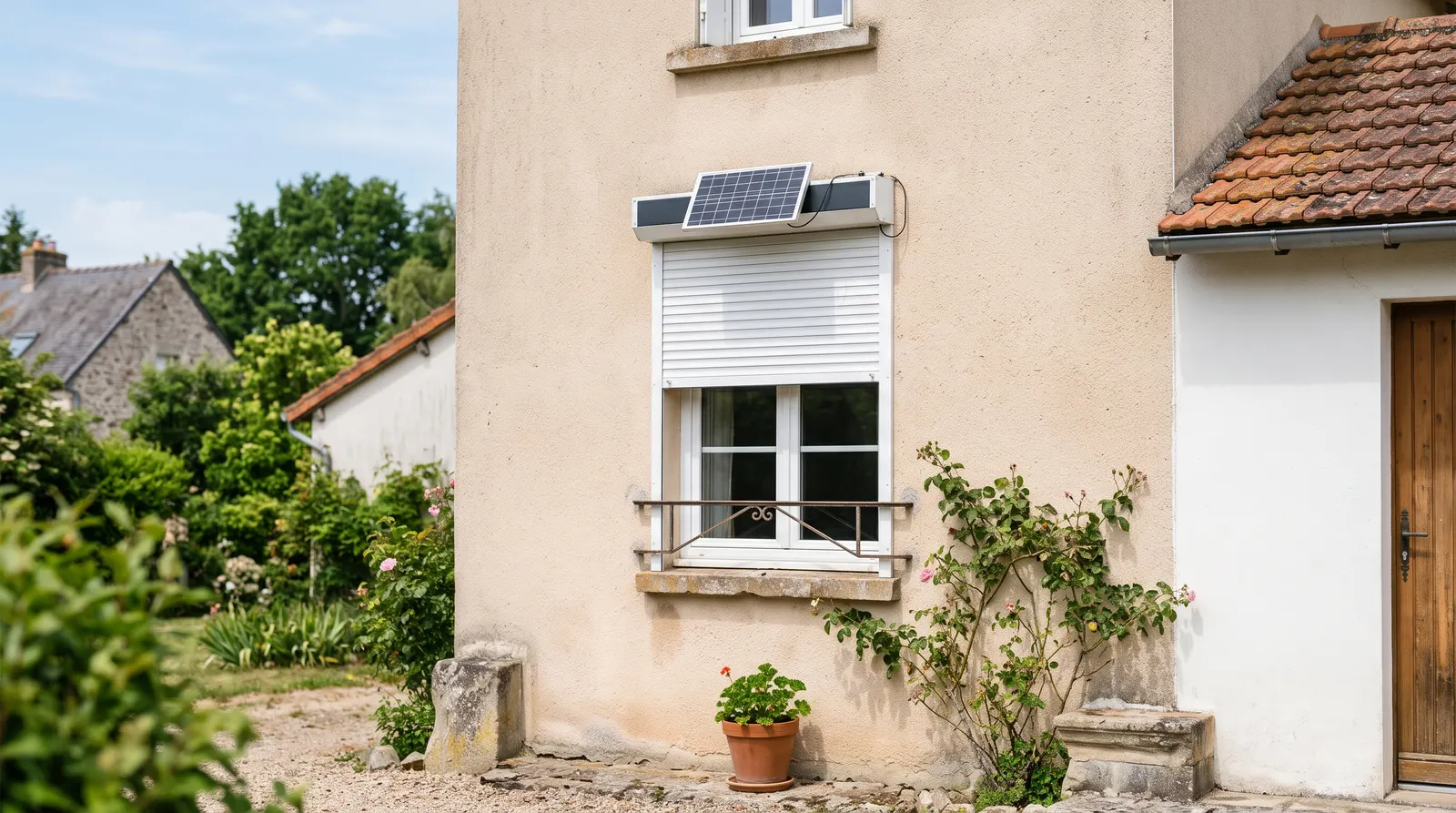 Volet roulant solaire à moitié ouvert, panneau en plein soleil sur le coffre