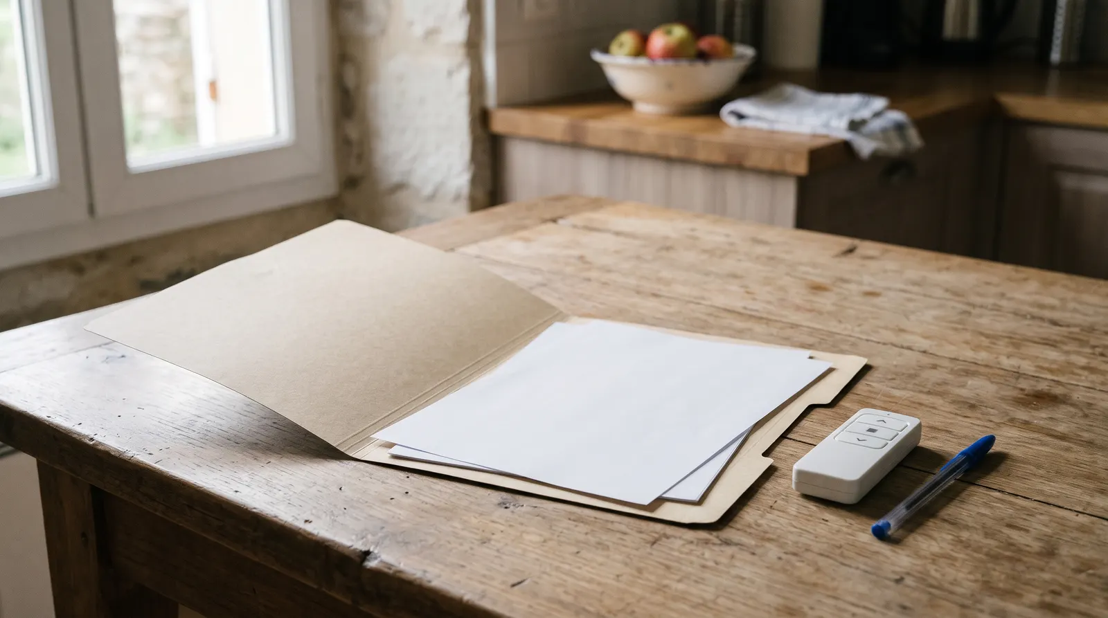 Dossier de papiers sur une table avec une télécommande de volet roulant