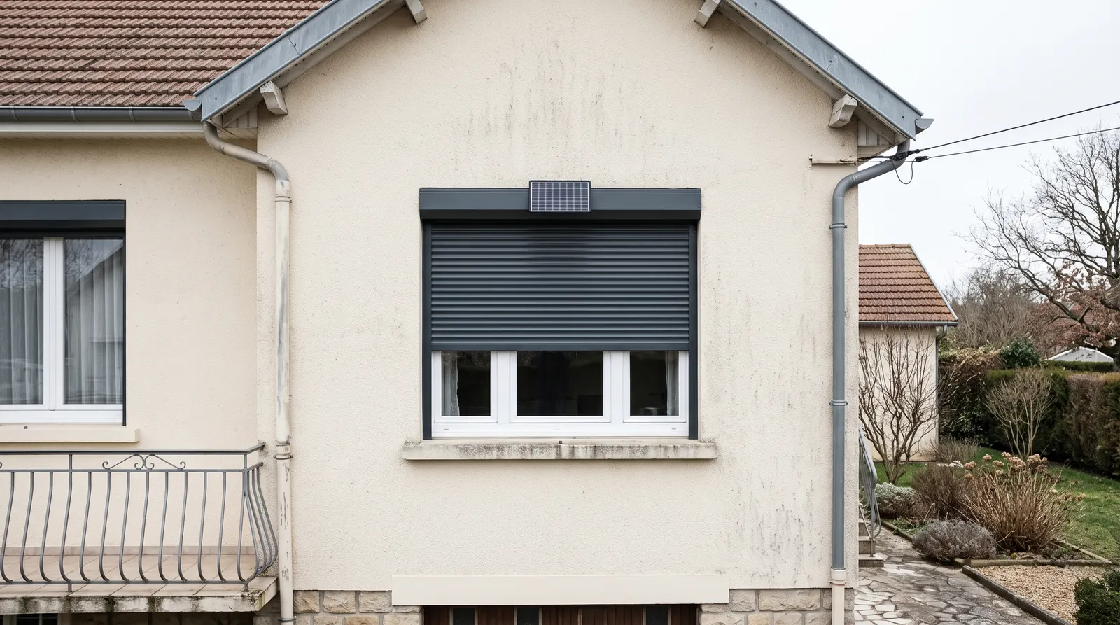 Façade de maison avec un volet roulant solaire, petit panneau photovoltaïque sur le coffre