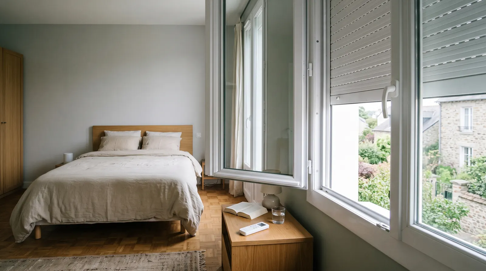 Porte-fenêtre de chambre avec un volet roulant blanc bloqué au tiers de sa hauteur