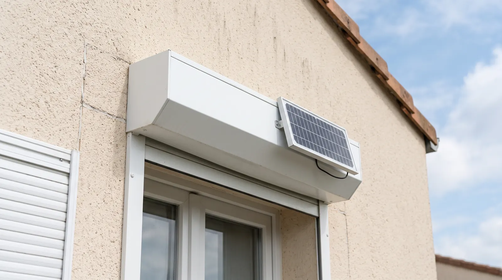 Coffre de volet roulant solaire avec son petit panneau photovoltaïque
