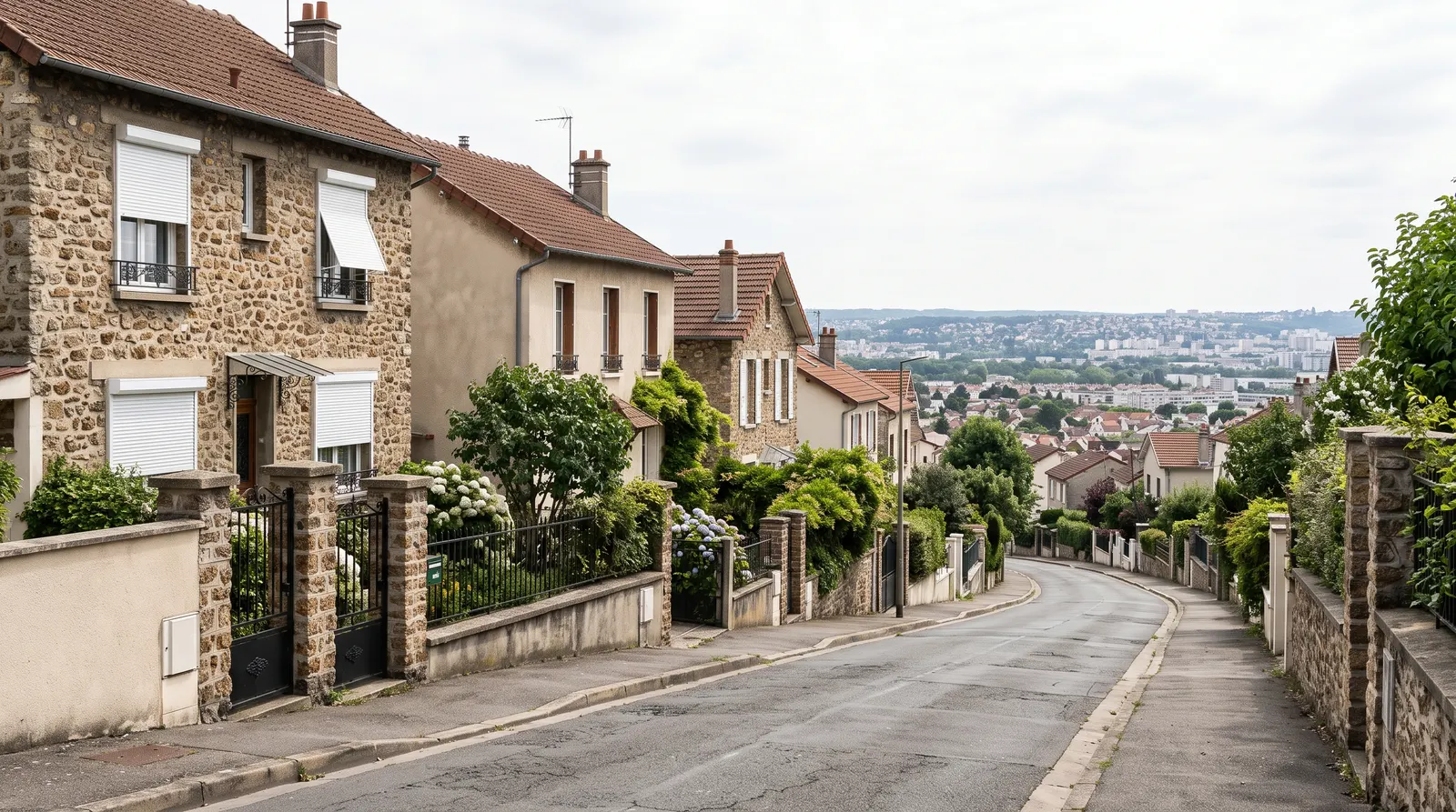Rue en pente du Val-d'Oise bordée de pavillons aux volets roulants blancs