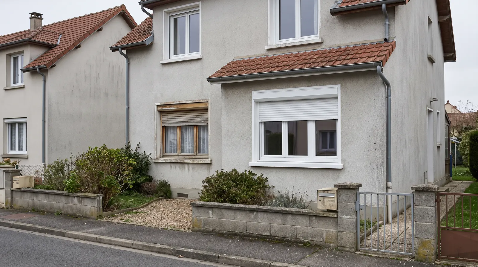 Façade de maison avec fenêtres récentes et volets roulants sous coffre isolé