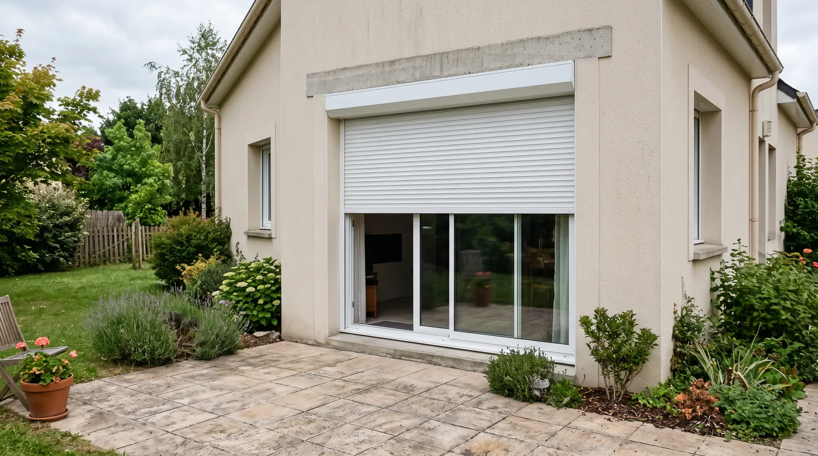 Baie vitrée de maison avec un grand volet roulant blanc à moitié descendu