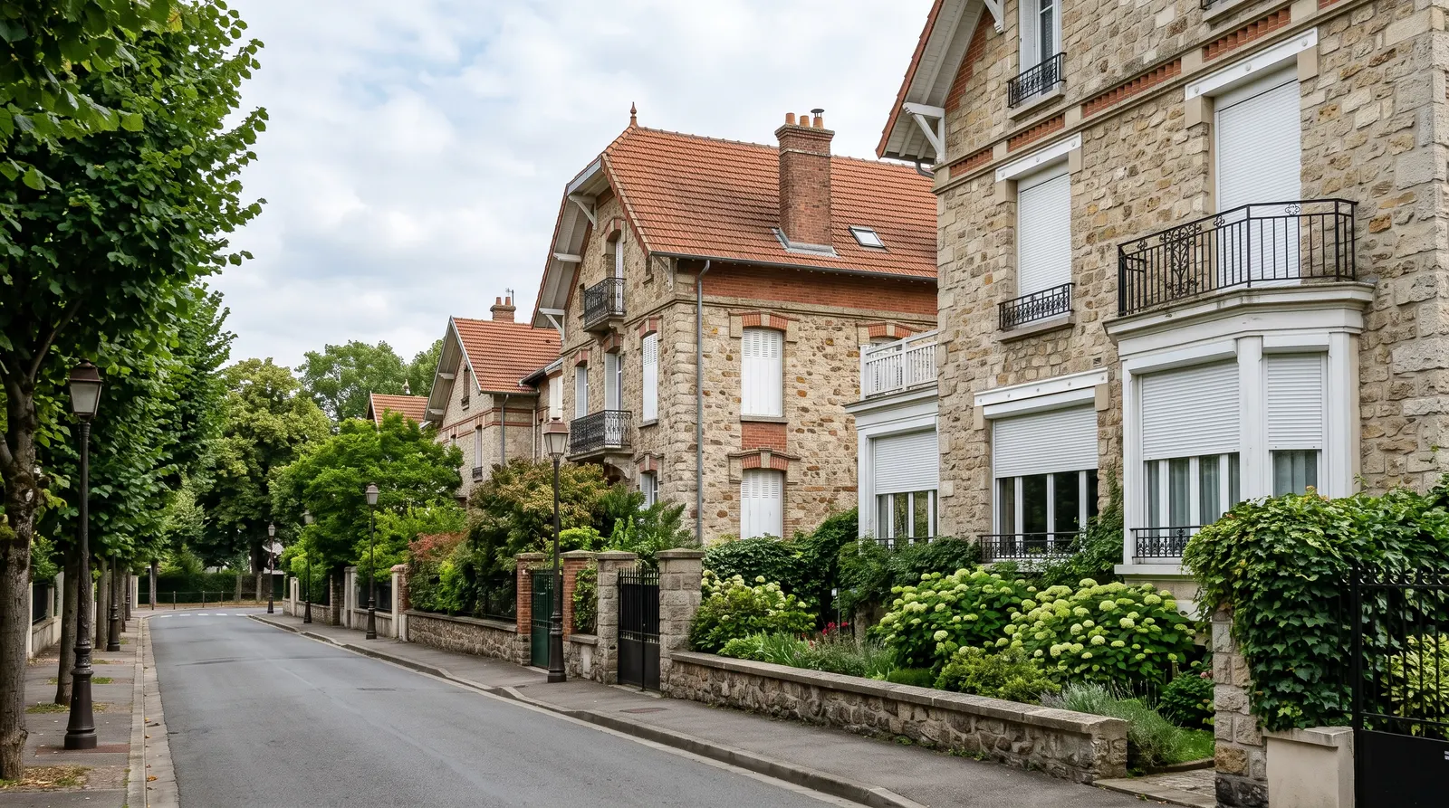 Maisons bourgeoises des bords de Marne avec jardins et volets roulants blancs