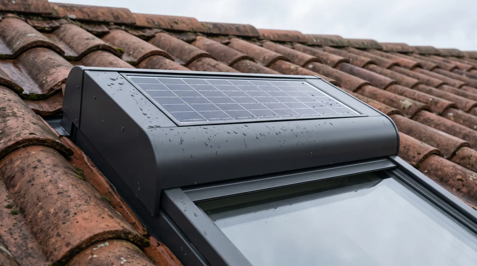 Coffre de volet roulant de fenêtre de toit avec sa cellule photovoltaïque encastrée, au milieu des tuiles