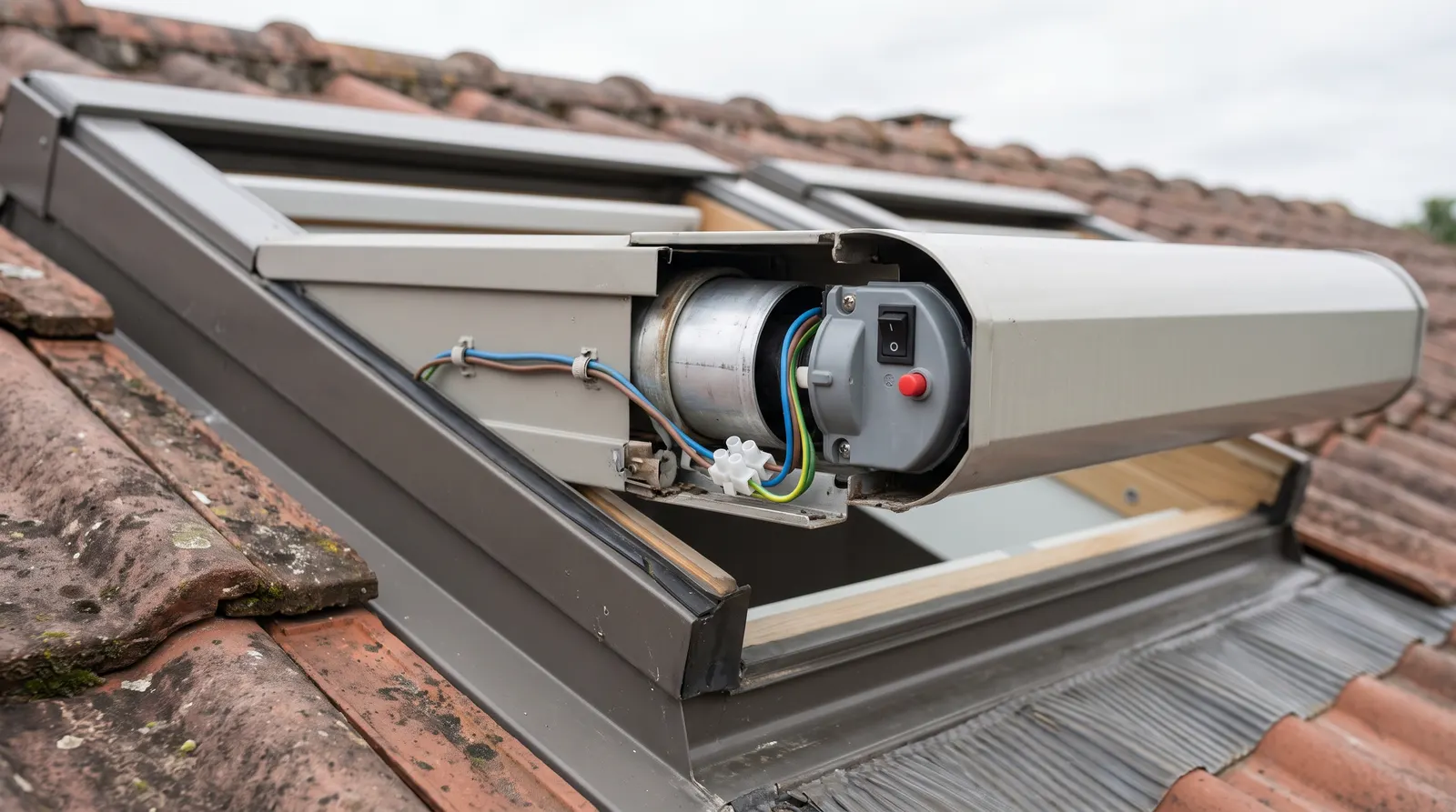 Extrémité du moteur d'un volet roulant Velux dans la joue du coffre, avec son interrupteur et son bouton rouge