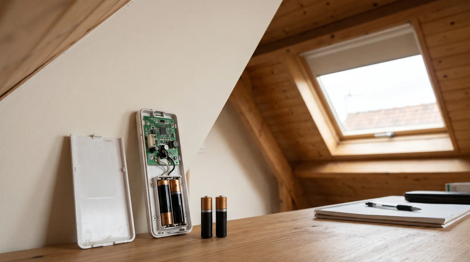 Télécommande murale de volet roulant ouverte, piles alcalines neuves, fenêtre de toit en arrière-plan