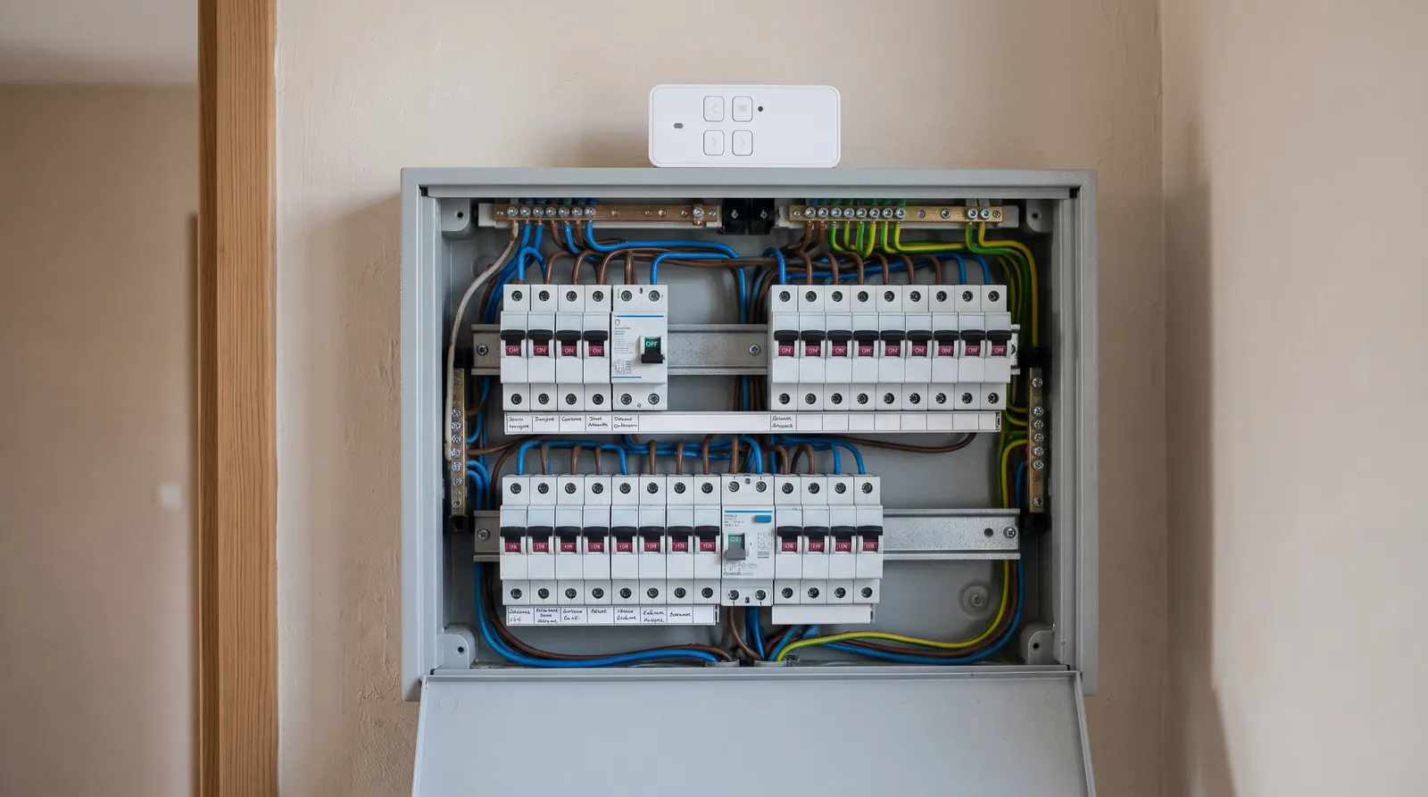 Tableau électrique ouvert, télécommande de volet roulant posée au-dessus