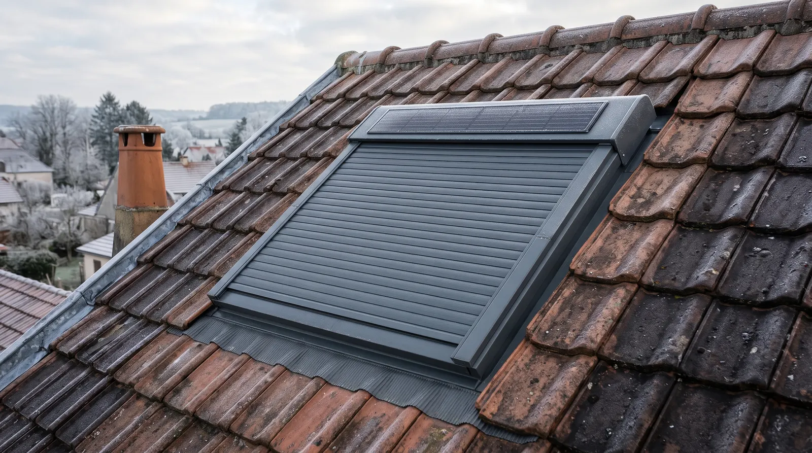 Volet roulant de fenêtre de toit fermé, cellule photovoltaïque sur le coffre