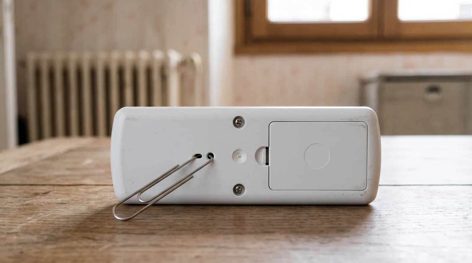 Dos de télécommande de volet roulant, trombone enfoncé dans le bouton reset
