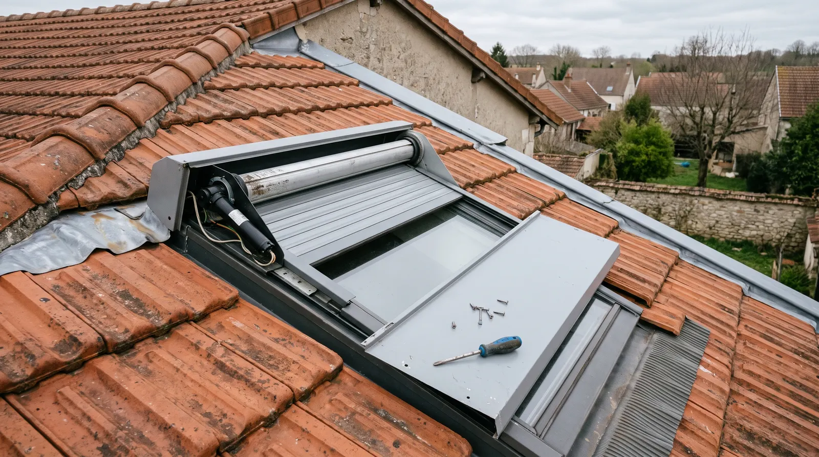 Coffre de volet roulant de fenêtre de toit ouvert sur le toit, moteur visible, vis déposées