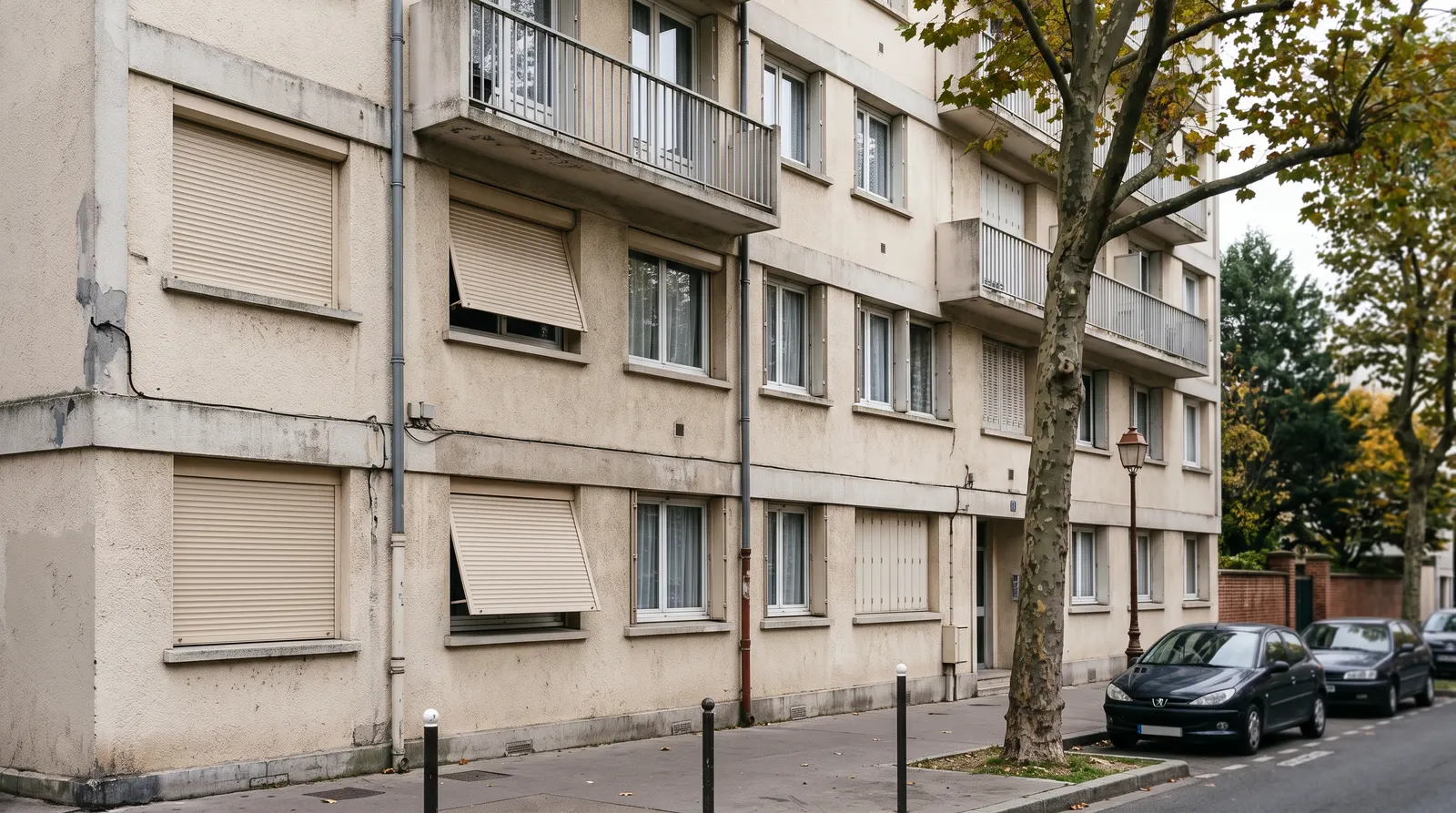 Façade de résidence avec un volet roulant resté bloqué à mi-hauteur