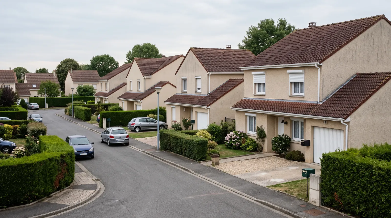 Lotissement de maisons des années 80 aux volets roulants blancs à coffre extérieur