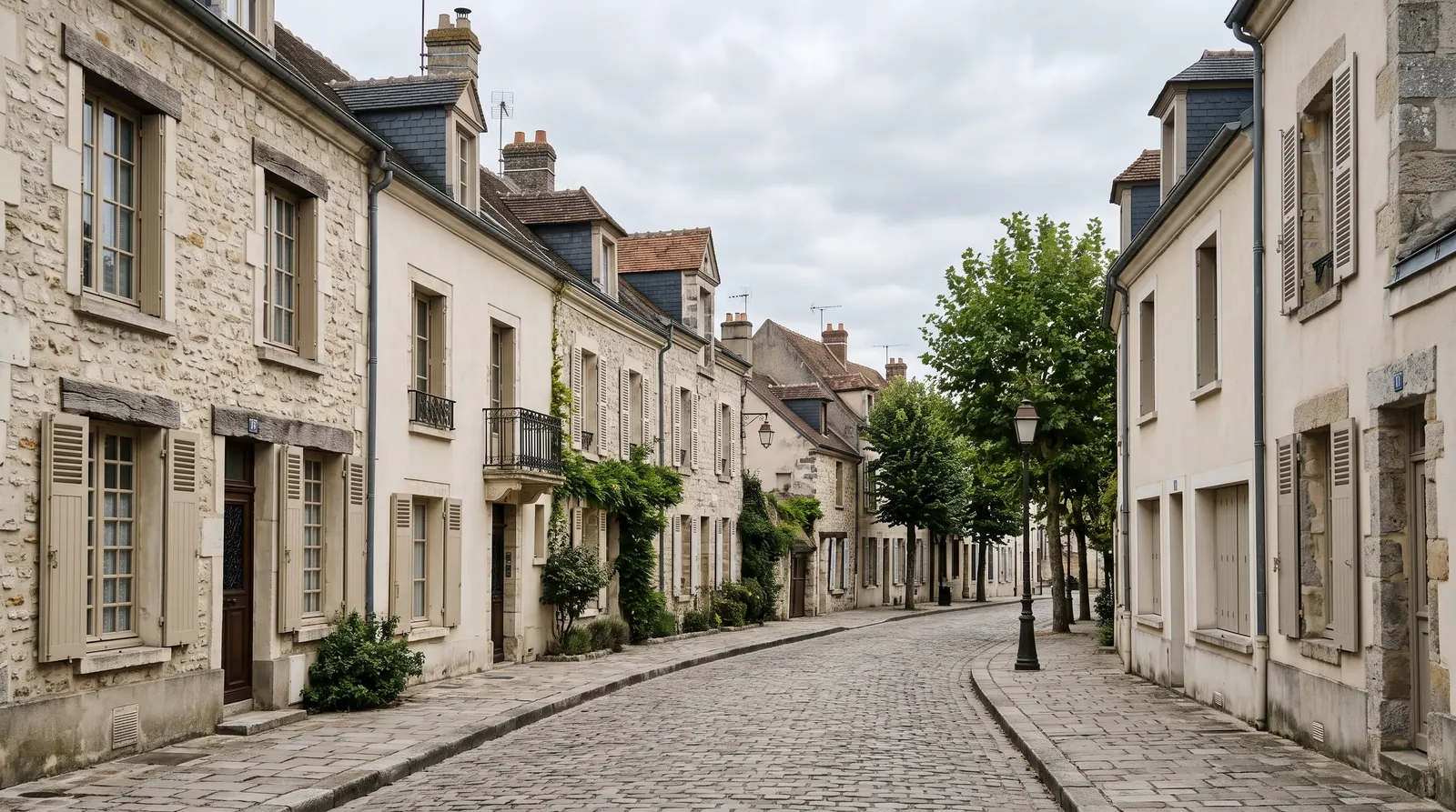 Rue des Yvelines bordée de maisons en pierre claire aux volets roulants beiges